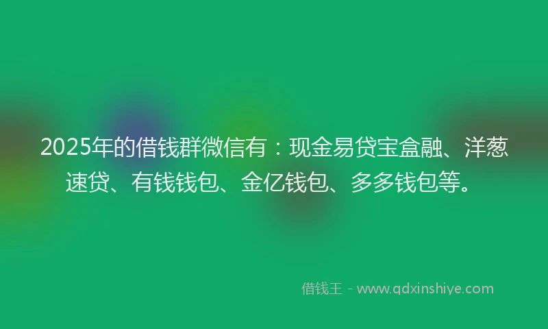 2025年的借钱群微信有：现金易贷宝盒融、洋葱速贷、有钱钱包、金亿钱包、多多钱包等。