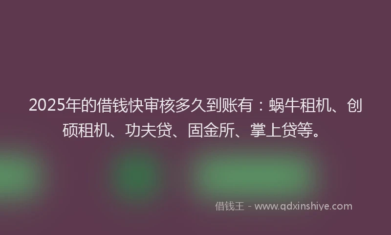 2025年的借钱快审核多久到账有：蜗牛租机、创硕租机、功夫贷、固金所、掌上贷等。