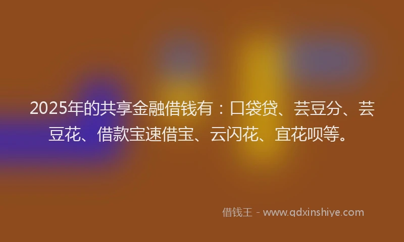 2025年的共享金融借钱有：口袋贷、芸豆分、芸豆花、借款宝速借宝、云闪花、宜花呗等。