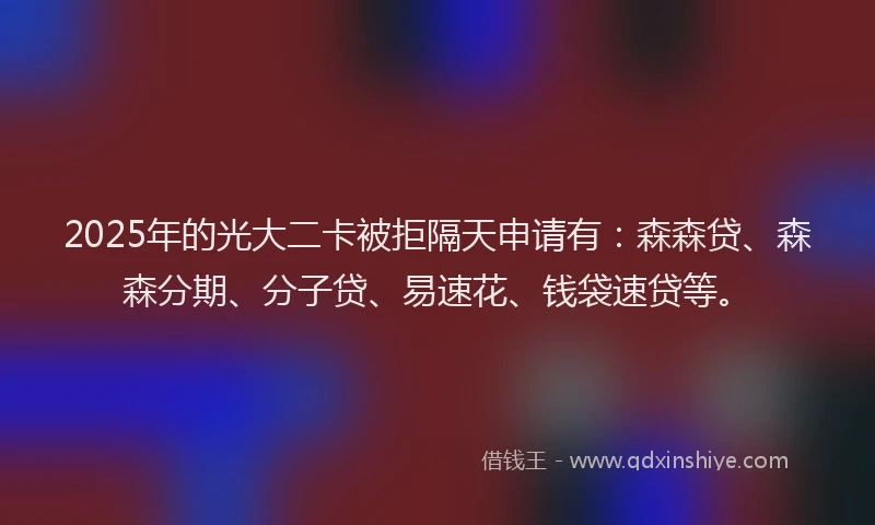 2025年的光大二卡被拒隔天申请有：森森贷、森森分期、分子贷、易速花、钱袋速贷等。