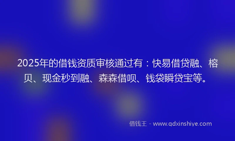 2025年的借钱资质审核通过有：快易借贷融、榕贝、现金秒到融、森森借呗、钱袋瞬贷宝等。