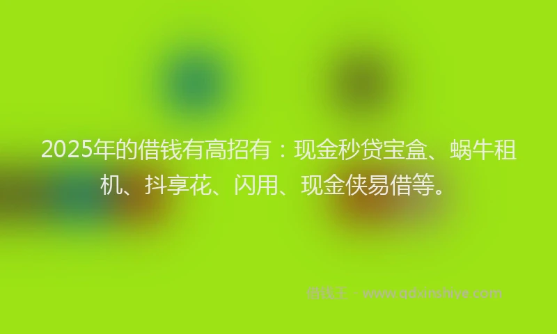 2025年的借钱有高招有：现金秒贷宝盒、蜗牛租机、抖享花、闪用、现金侠易借等。