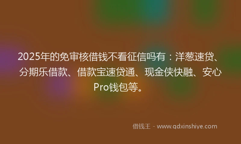 2025年的免审核借钱不看征信吗有：洋葱速贷、分期乐借款、借款宝速贷通、现金侠快融、安心Pro钱包等。