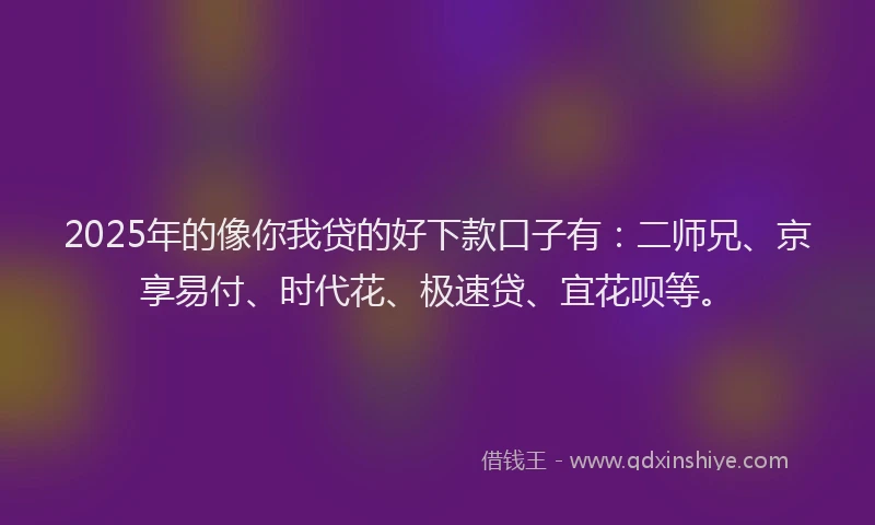 2025年的像你我贷的好下款口子有：二师兄、京享易付、时代花、极速贷、宜花呗等。