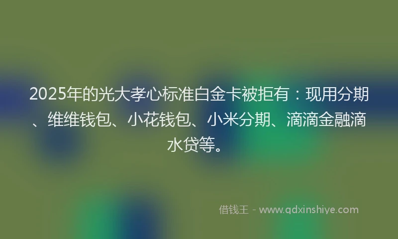 2025年的光大孝心标准白金卡被拒有：现用分期、维维钱包、小花钱包、小米分期、滴滴金融滴水贷等。