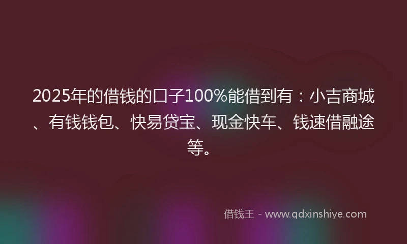 2025年的借钱的口子100%能借到有：小吉商城、有钱钱包、快易贷宝、现金快车、钱速借融途等。