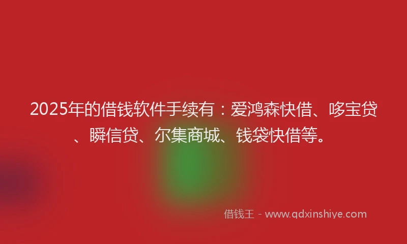 2025年的借钱软件手续有：爱鸿森快借、哆宝贷、瞬信贷、尔集商城、钱袋快借等。