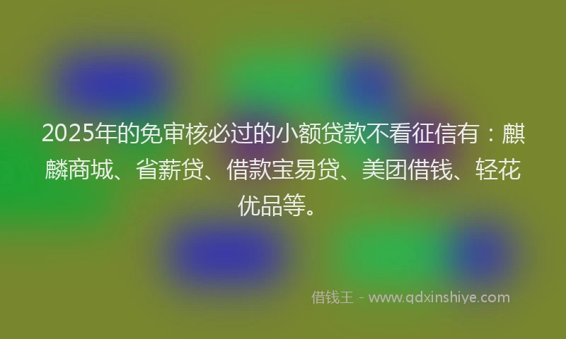 2025年的免审核必过的小额贷款不看征信有：麒麟商城、省薪贷、借款宝易贷、美团借钱、轻花优品等。
