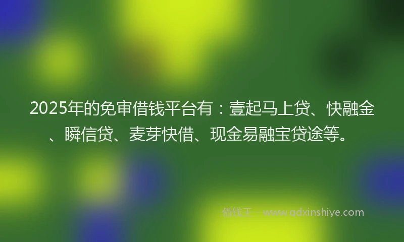 2025年的免审借钱平台有：壹起马上贷、快融金、瞬信贷、麦芽快借、现金易融宝贷途等。
