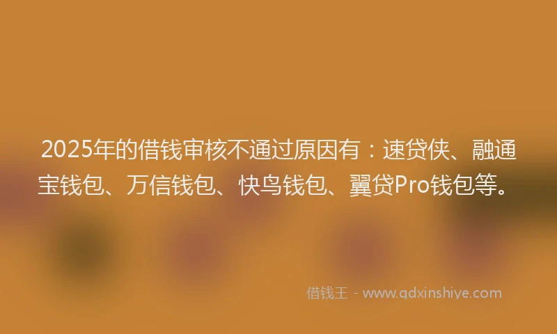 2025年的借钱审核不通过原因有：速贷侠、融通宝钱包、万信钱包、快鸟钱包、翼贷Pro钱包等。