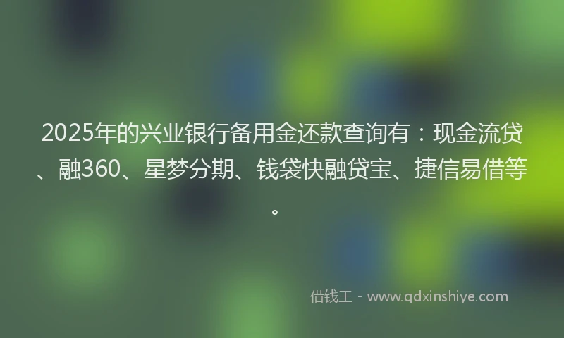 2025年的兴业银行备用金还款查询有：现金流贷、融360、星梦分期、钱袋快融贷宝、捷信易借等。