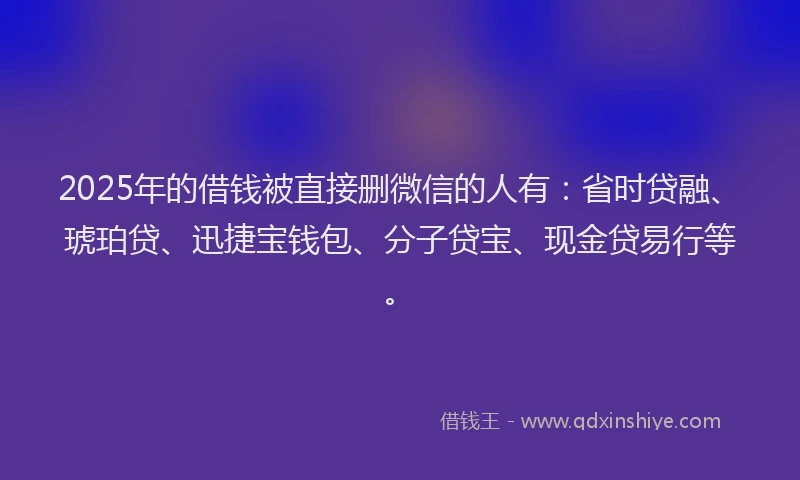 2025年的借钱被直接删微信的人有：省时贷融、琥珀贷、迅捷宝钱包、分子贷宝、现金贷易行等。