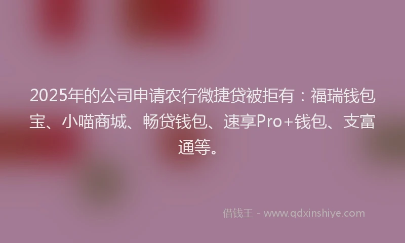 2025年的公司申请农行微捷贷被拒有：福瑞钱包宝、小喵商城、畅贷钱包、速享Pro+钱包、支富通等。