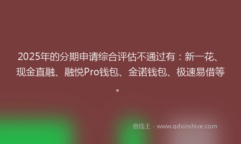 2025年的分期申请综合评估不通过有：新一花、现金直融、融悦Pro钱包、金诺钱包、极速易借等。