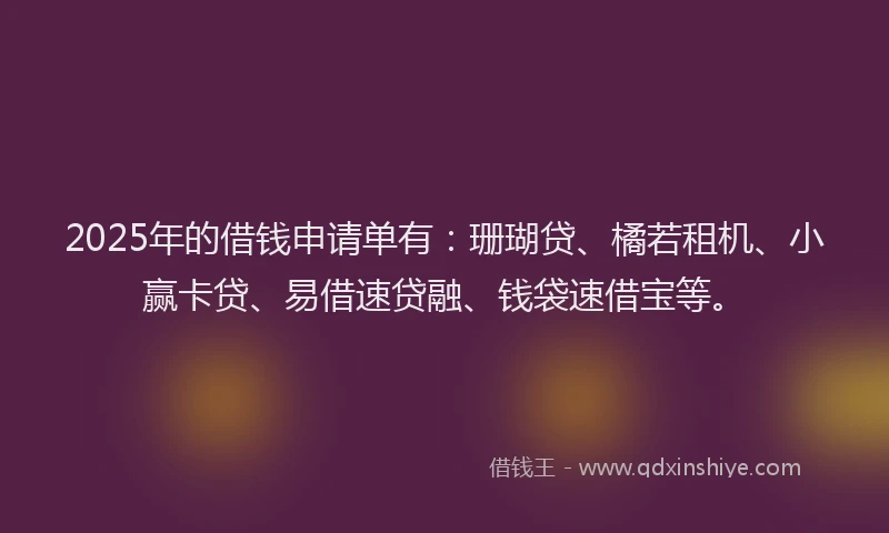 2025年的借钱申请单有：珊瑚贷、橘若租机、小赢卡贷、易借速贷融、钱袋速借宝等。