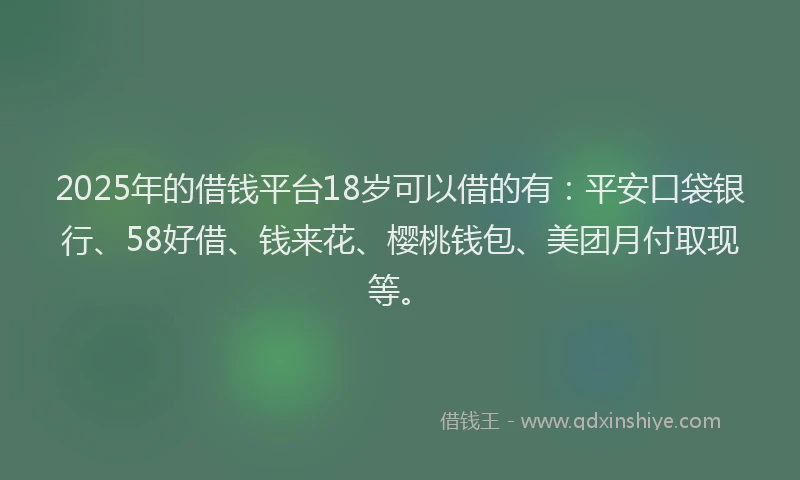 2025年的借钱平台18岁可以借的有：平安口袋银行、58好借、钱来花、樱桃钱包、美团月付取现等。