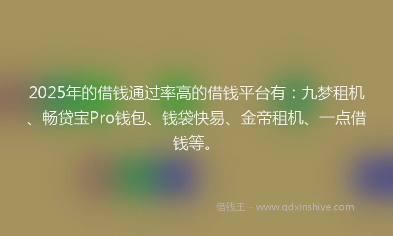 2025年的借钱通过率高的借钱平台有：九梦租机、畅贷宝Pro钱包、钱袋快易、金帝租机、一点借钱等。