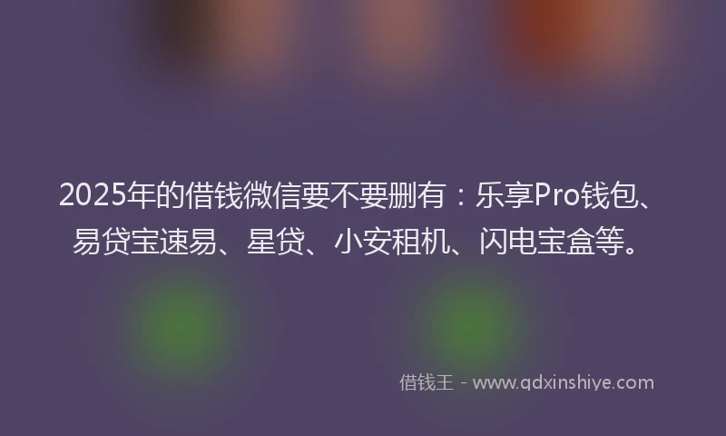 2025年的借钱微信要不要删有：乐享Pro钱包、易贷宝速易、星贷、小安租机、闪电宝盒等。