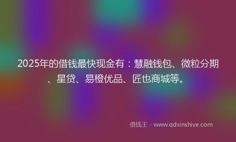2025年的借钱最快现金有：慧融钱包、微粒分期、星贷、易橙优品、匠也商城等。