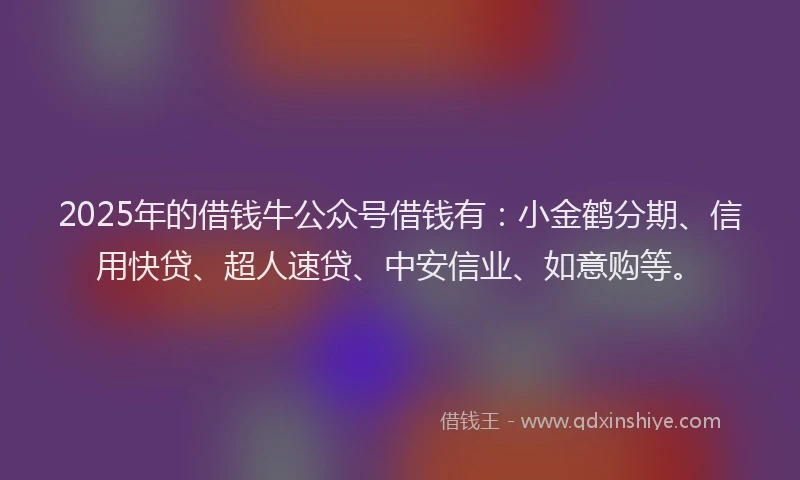 2025年的借钱牛公众号借钱有：小金鹤分期、信用快贷、超人速贷、中安信业、如意购等。
