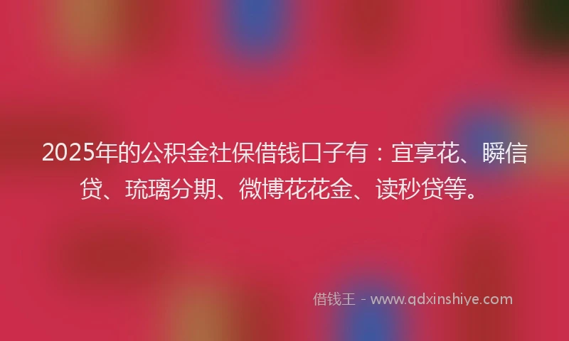 2025年的公积金社保借钱口子有：宜享花、瞬信贷、琉璃分期、微博花花金、读秒贷等。
