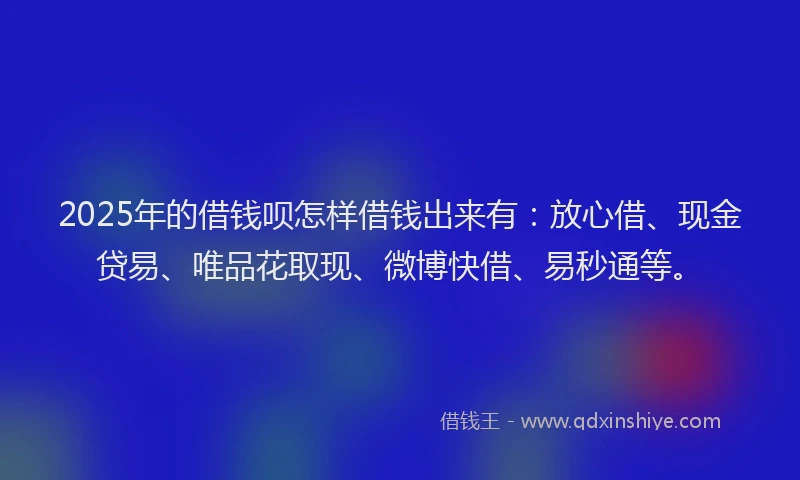 2025年的借钱呗怎样借钱出来有：放心借、现金贷易、唯品花取现、微博快借、易秒通等。