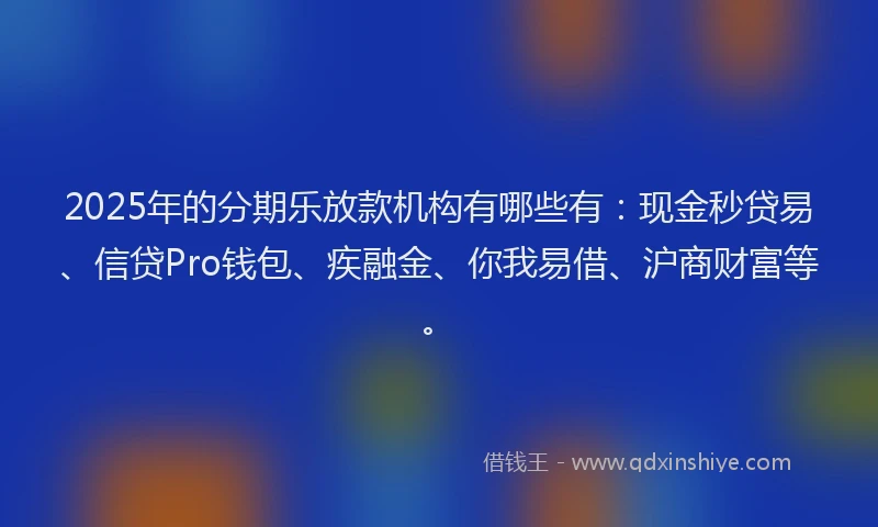 2025年的分期乐放款机构有哪些有：现金秒贷易、信贷Pro钱包、疾融金、你我易借、沪商财富等。