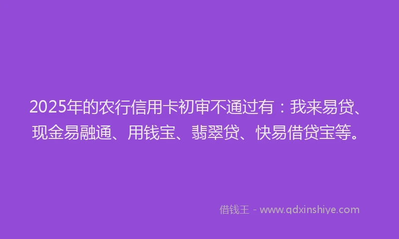 2025年的农行信用卡初审不通过有：我来易贷、现金易融通、用钱宝、翡翠贷、快易借贷宝等。