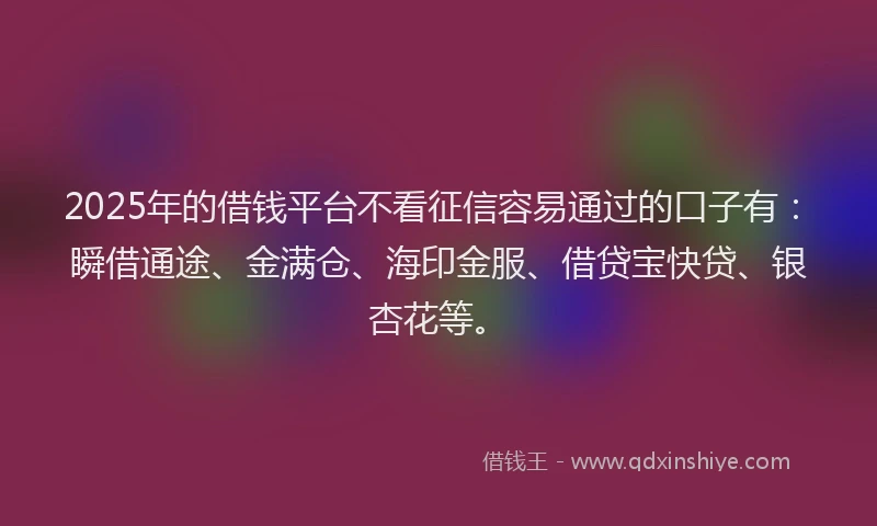 2025年的借钱平台不看征信容易通过的口子有：瞬借通途、金满仓、海印金服、借贷宝快贷、银杏花等。