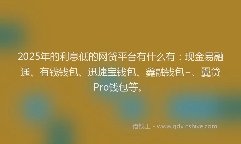 2025年的利息低的网贷平台有什么有：现金易融通、有钱钱包、迅捷宝钱包、鑫融钱包+、翼贷Pro钱包等。