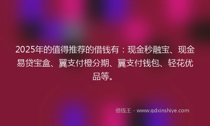 2025年的值得推荐的借钱有：现金秒融宝、现金易贷宝盒、翼支付橙分期、翼支付钱包、轻花优品等。