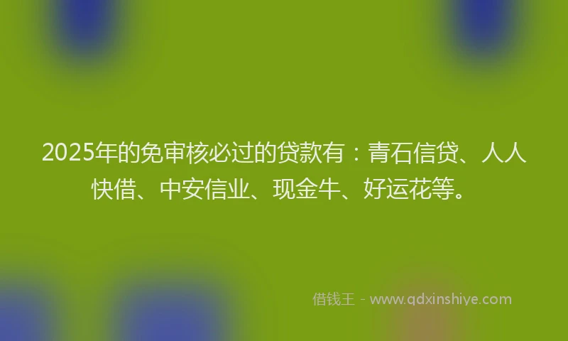 2025年的免审核必过的贷款有：青石信贷、人人快借、中安信业、现金牛、好运花等。