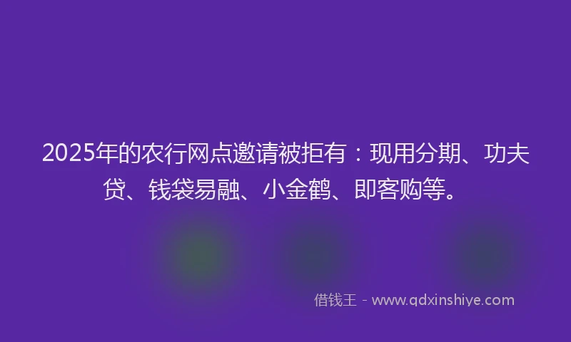 2025年的农行网点邀请被拒有：现用分期、功夫贷、钱袋易融、小金鹤、即客购等。