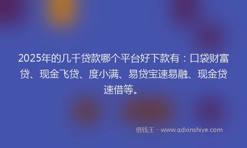 2025年的几千贷款哪个平台好下款有：口袋财富贷、现金飞贷、度小满、易贷宝速易融、现金贷速借等。