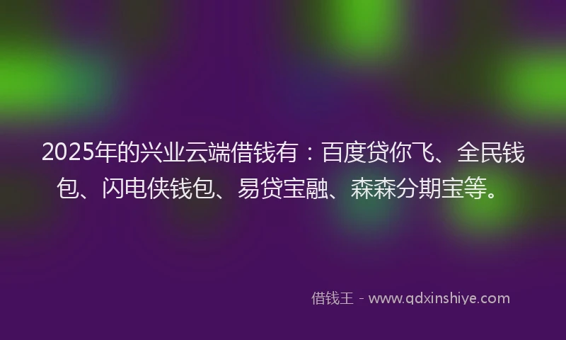 2025年的兴业云端借钱有：百度贷你飞、全民钱包、闪电侠钱包、易贷宝融、森森分期宝等。