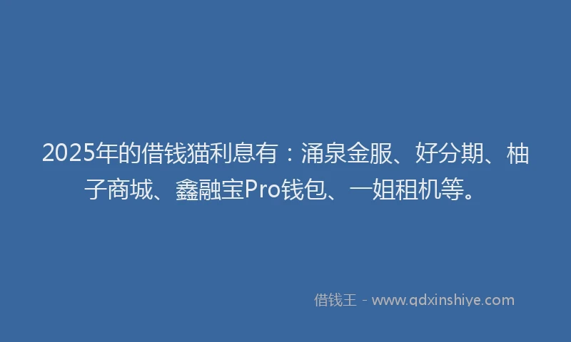 2025年的借钱猫利息有：涌泉金服、好分期、柚子商城、鑫融宝Pro钱包、一姐租机等。