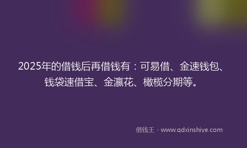 2025年的借钱后再借钱有：可易借、金速钱包、钱袋速借宝、金瀛花、橄榄分期等。