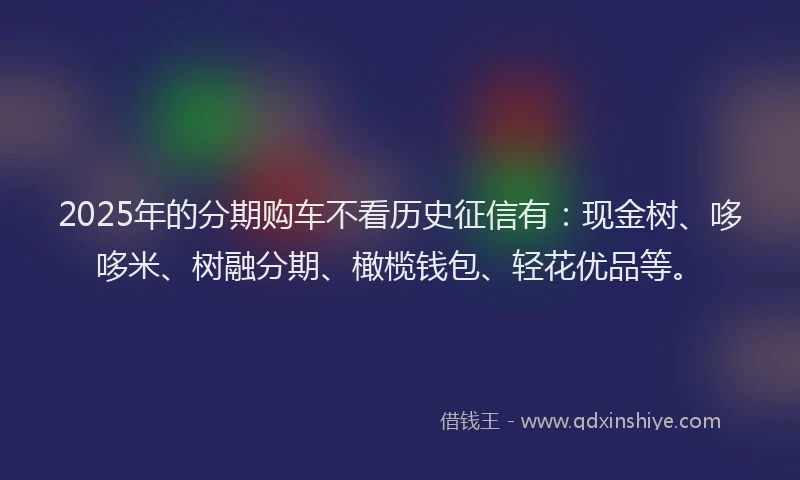 2025年的分期购车不看历史征信有：现金树、哆哆米、树融分期、橄榄钱包、轻花优品等。
