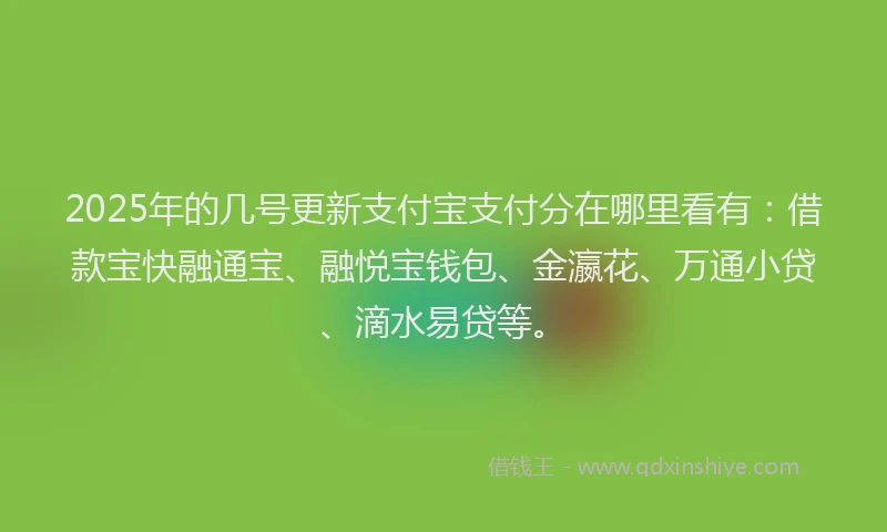 2025年的几号更新支付宝支付分在哪里看有：借款宝快融通宝、融悦宝钱包、金瀛花、万通小贷、滴水易贷等。