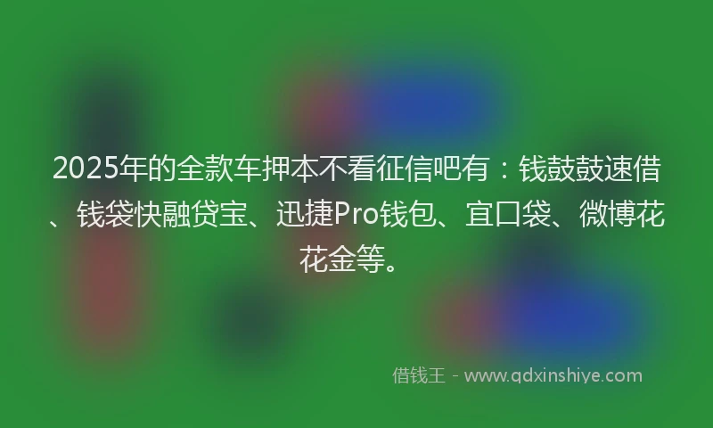 2025年的全款车押本不看征信吧有：钱鼓鼓速借、钱袋快融贷宝、迅捷Pro钱包、宜口袋、微博花花金等。