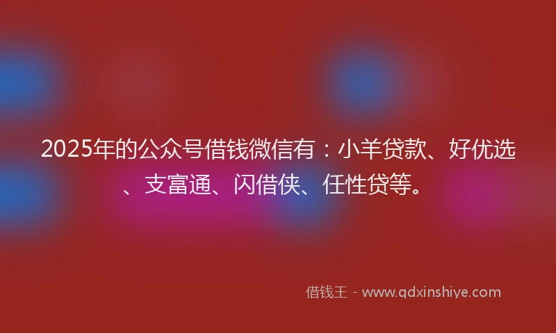 2025年的公众号借钱微信有：小羊贷款、好优选、支富通、闪借侠、任性贷等。
