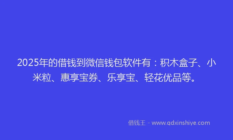 2025年的借钱到微信钱包软件有：积木盒子、小米粒、惠享宝券、乐享宝、轻花优品等。
