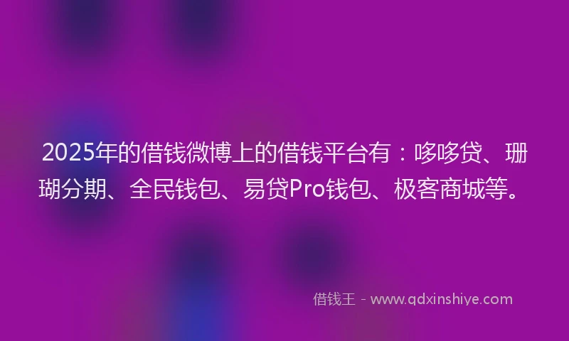 2025年的借钱微博上的借钱平台有：哆哆贷、珊瑚分期、全民钱包、易贷Pro钱包、极客商城等。