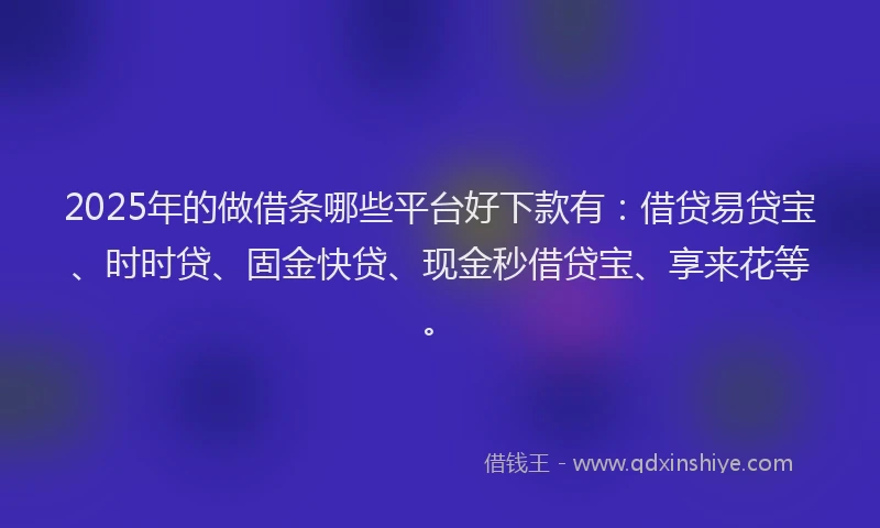 2025年的做借条哪些平台好下款有：借贷易贷宝、时时贷、固金快贷、现金秒借贷宝、享来花等。