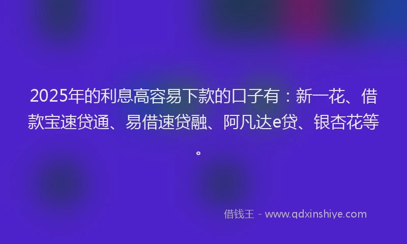 2025年的利息高容易下款的口子有：新一花、借款宝速贷通、易借速贷融、阿凡达e贷、银杏花等。