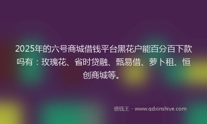 2025年的六号商城借钱平台黑花户能百分百下款吗有：玫瑰花、省时贷融、甄易借、萝卜租、恒创商城等。