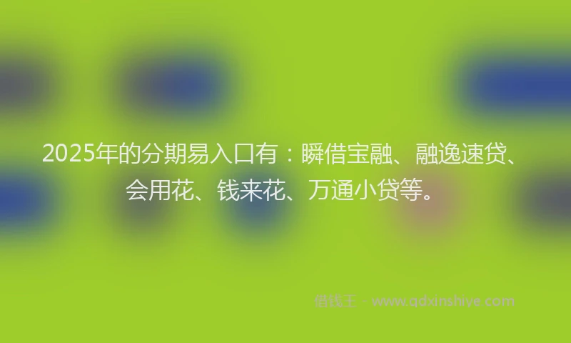 2025年的分期易入口有：瞬借宝融、融逸速贷、会用花、钱来花、万通小贷等。