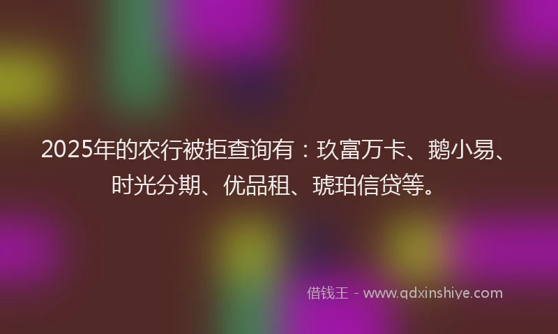 2025年的农行被拒查询有：玖富万卡、鹅小易、时光分期、优品租、琥珀信贷等。