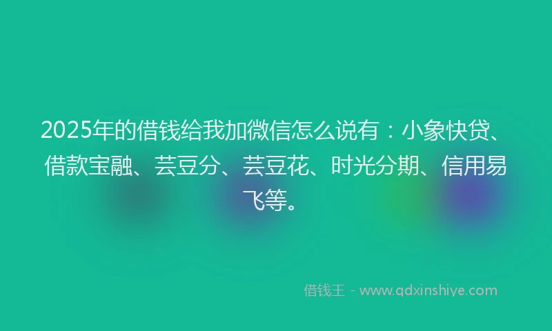 2025年的借钱给我加微信怎么说有：小象快贷、借款宝融、芸豆分、芸豆花、时光分期、信用易飞等。