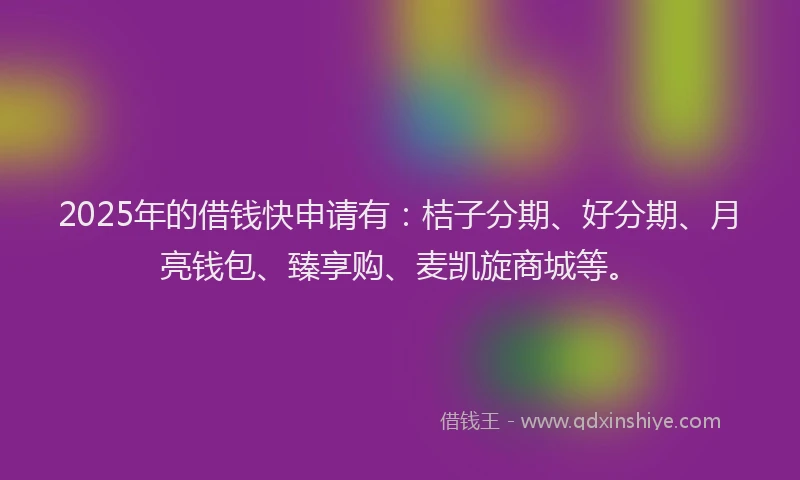 2025年的借钱快申请有：桔子分期、好分期、月亮钱包、臻享购、麦凯旋商城等。